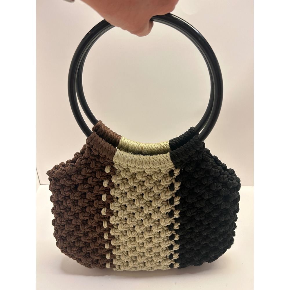 Vintage 70s Macrame Purse Black Cream Brown Tri-Color Ring Handle Boho Handbag